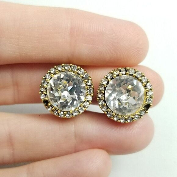 Vintage Zentall Round Rhinestone Clip On Earrings, Gold Tone Halo Signed - Picture 7 of 8